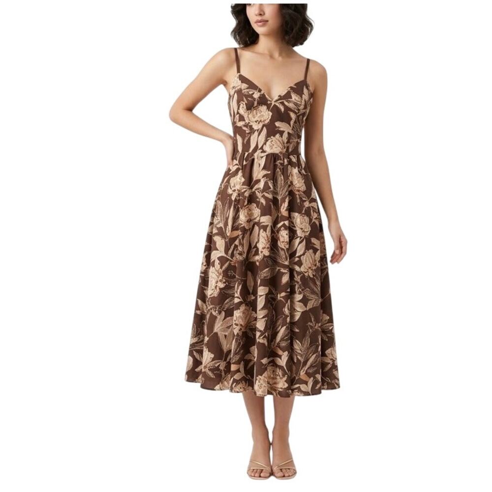 Dress the Population Brown Cocktail Dress Floral Sleeveless A-Line Midi Size XS